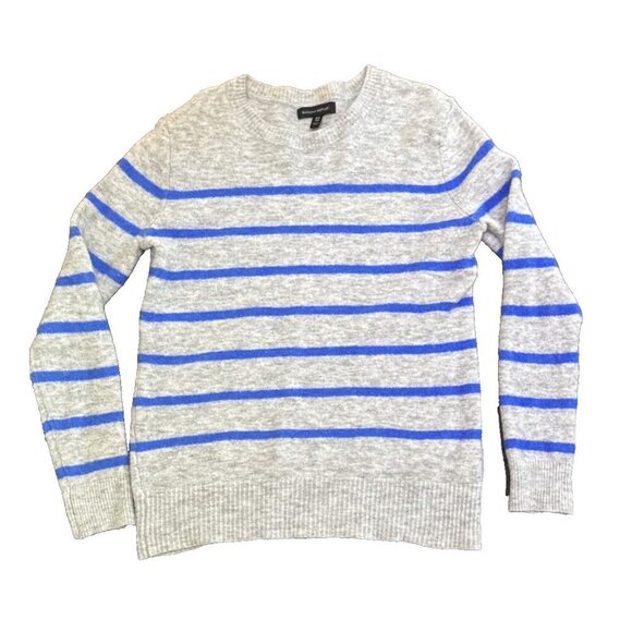 Banana Republic Sweater Women's Medium Gray Blue Striped Classic Casual Crewneck - Picture 2 of 13